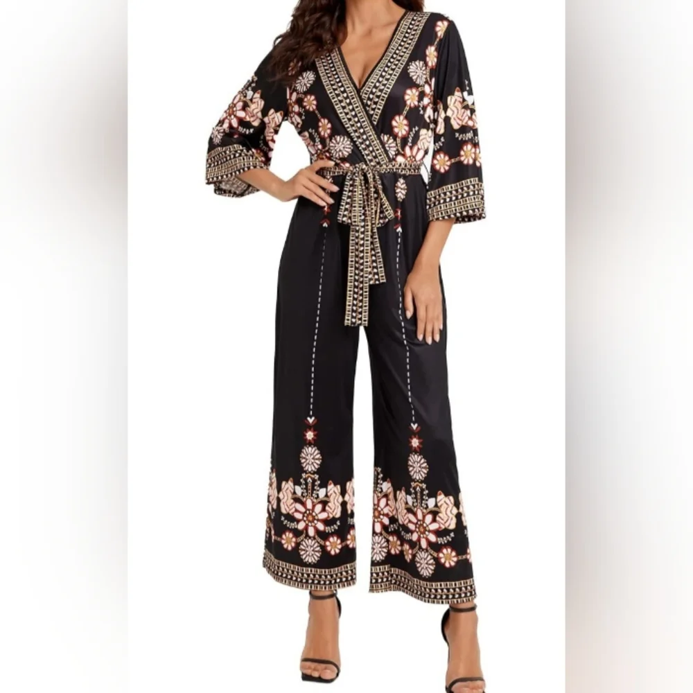 Floral Print Black Wrap Jumpsuit with Belt